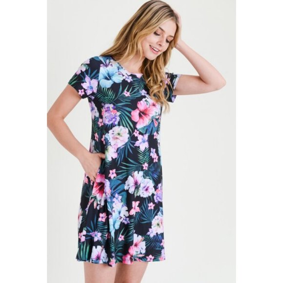 Women's Tropical Floral Print Fit Flare Dress BLK - Picture 2 of 7